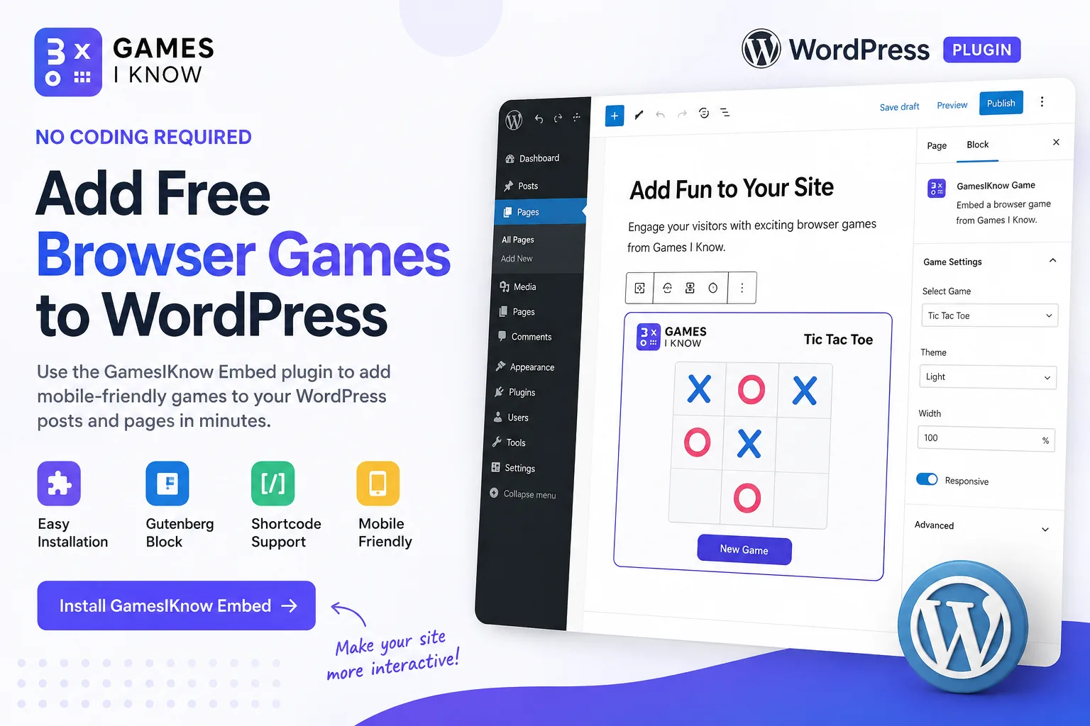 Games I Know Embed Plugin do WordPress mostrando o editor de blocos Gutenberg com um Tic Tac Toe jogo embed inserido em uma página.