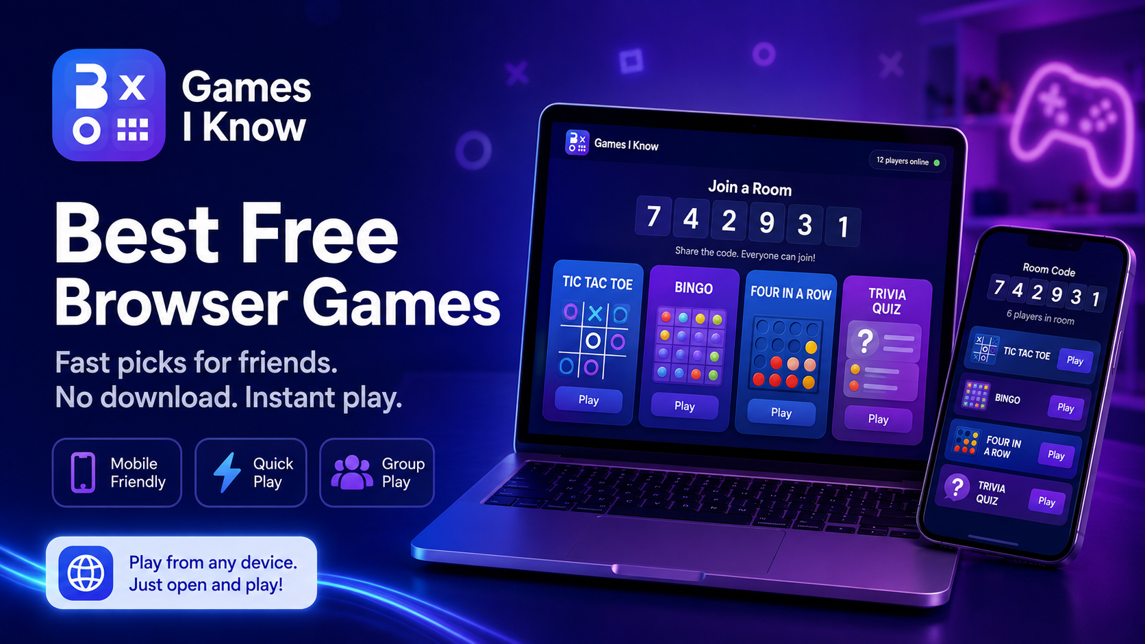 Games I Know cover for best free browser games showing laptop and phone game cards with a room code.