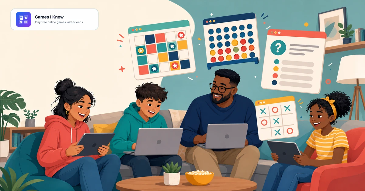 Friends playing multiplayer browser games together on laptops and tablets with the Games I Know logo.