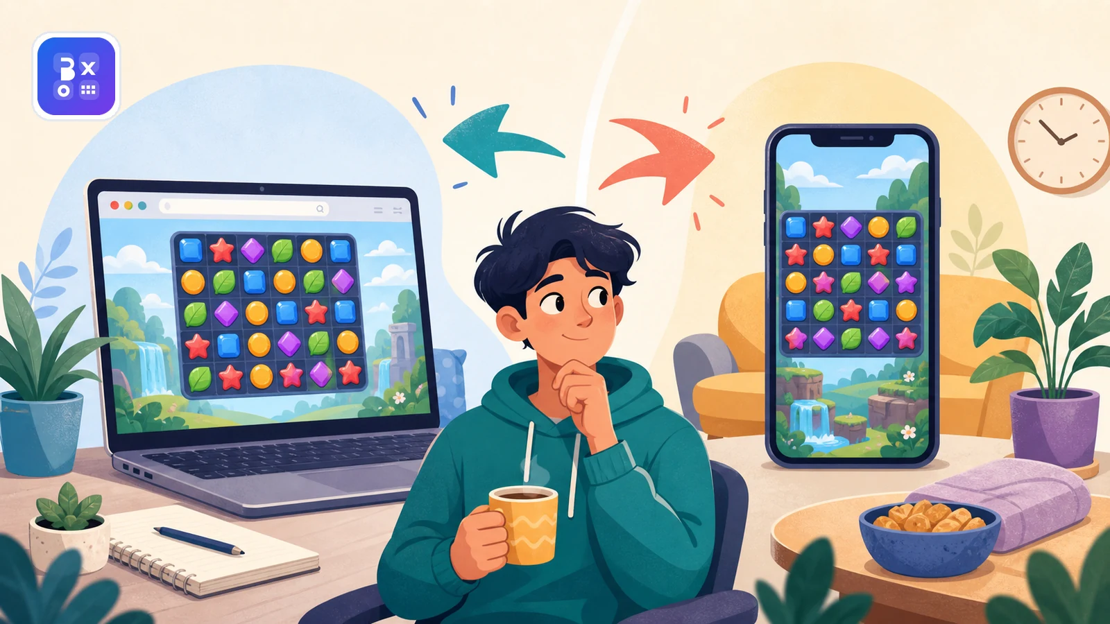 Split-screen comparison of a browser game on a laptop and a mobile game on a phone.