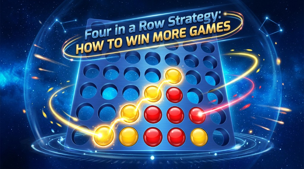 Four in a Row strategy hero showing a winning diagonal line on the Games I Know game board.
