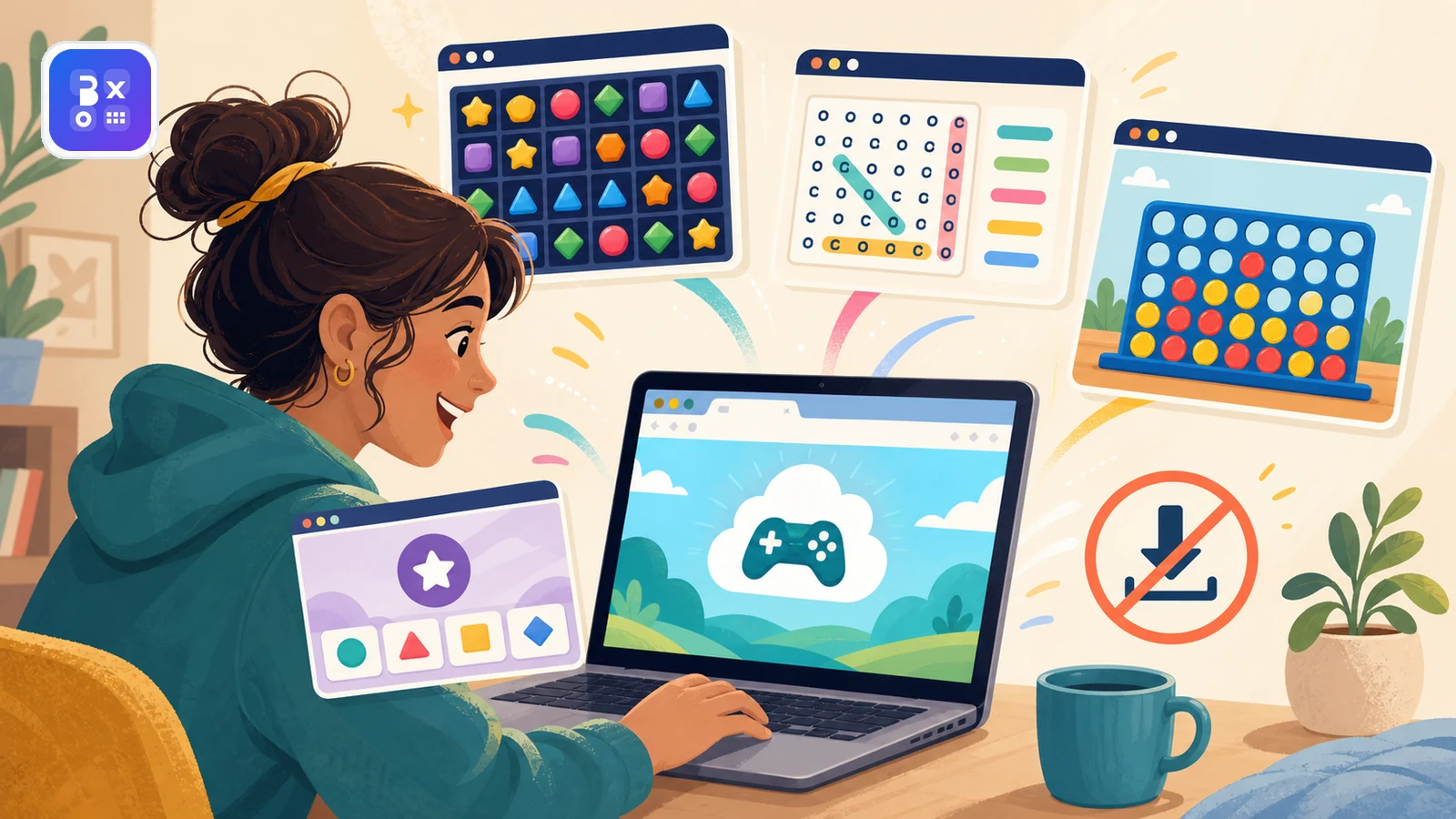 Browser window with no-download and no-signup checkmarks beside quick-play game cards.