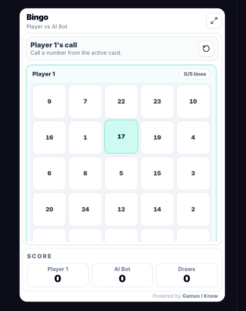 Bingo gameplay on Games I Know showing the called number and a player's card.
