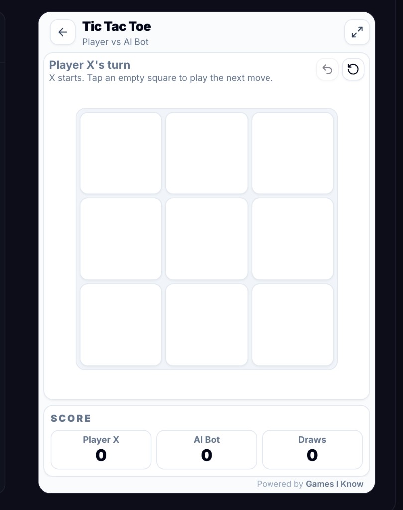 Tic Tac Toe gameplay on Games I Know showing the three-by-three board.