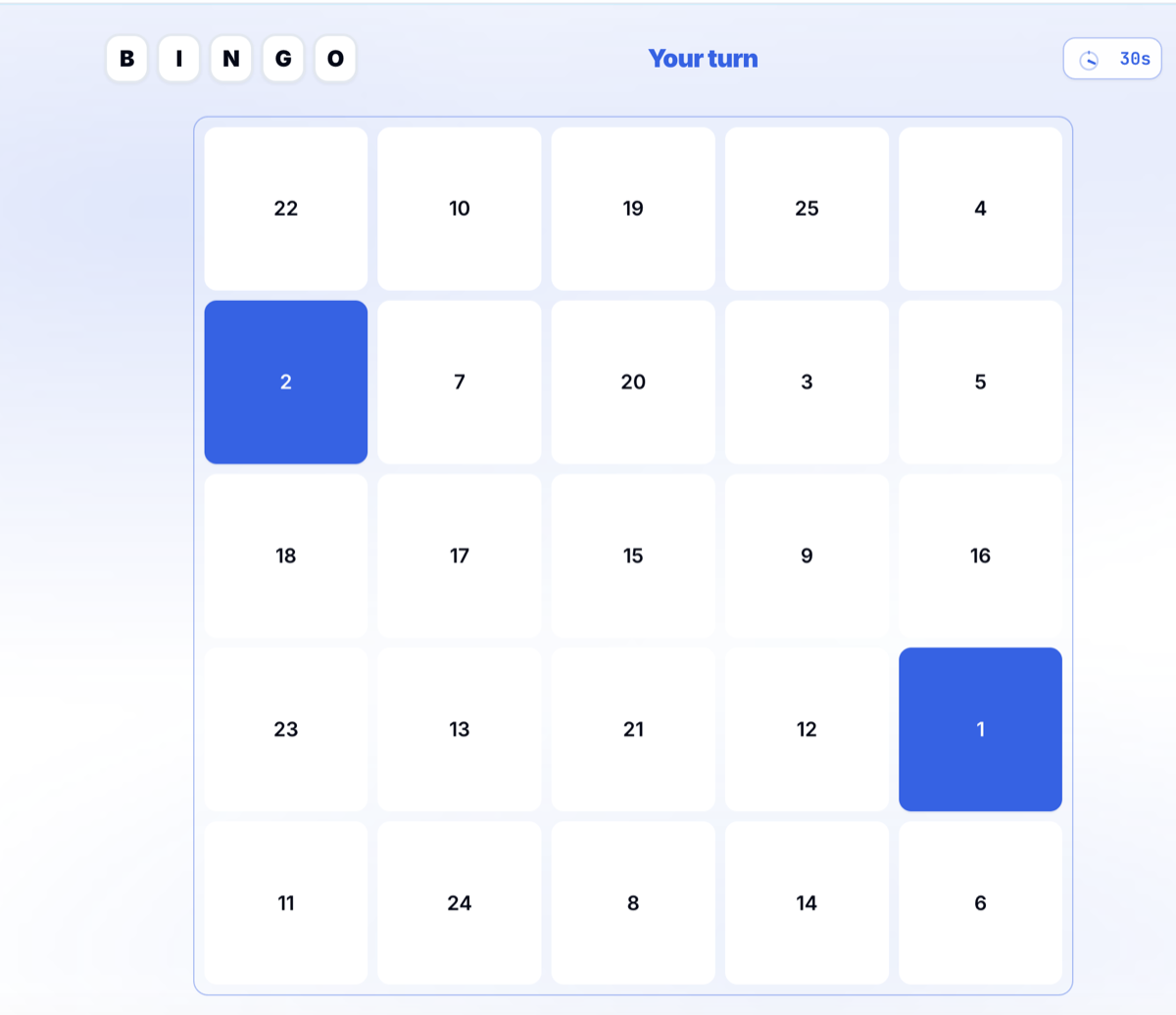 Games I Know online Bingo board showing a player's turn and two called numbers.