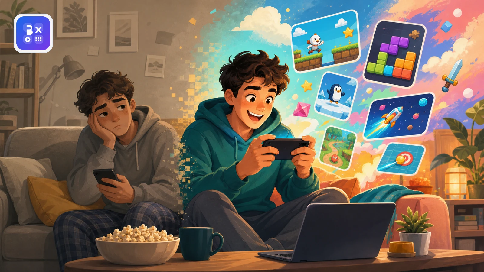 Playful dashboard of quick games, a lightning bolt, and a mood meter for beating boredom fast.