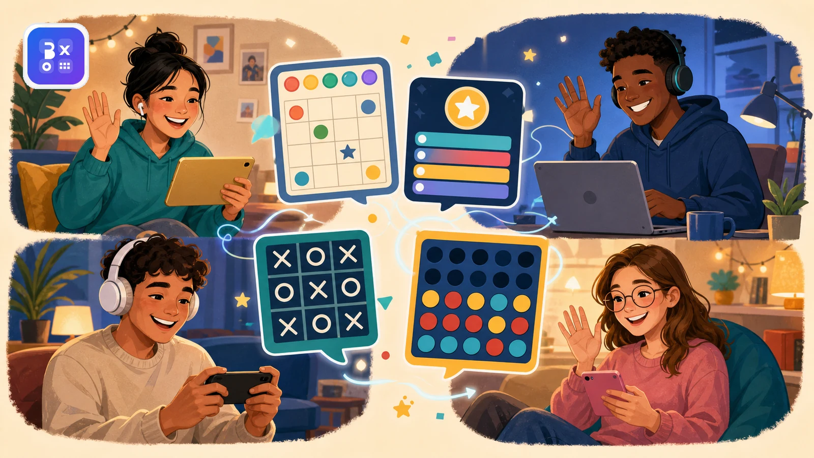 Group of friends around shared game tiles and a room code, representing easy online multiplayer play.