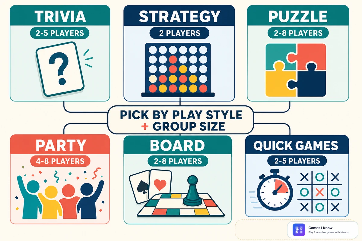 Diagram matching multiplayer browser game categories to recommended group sizes, with the Games I Know logo.