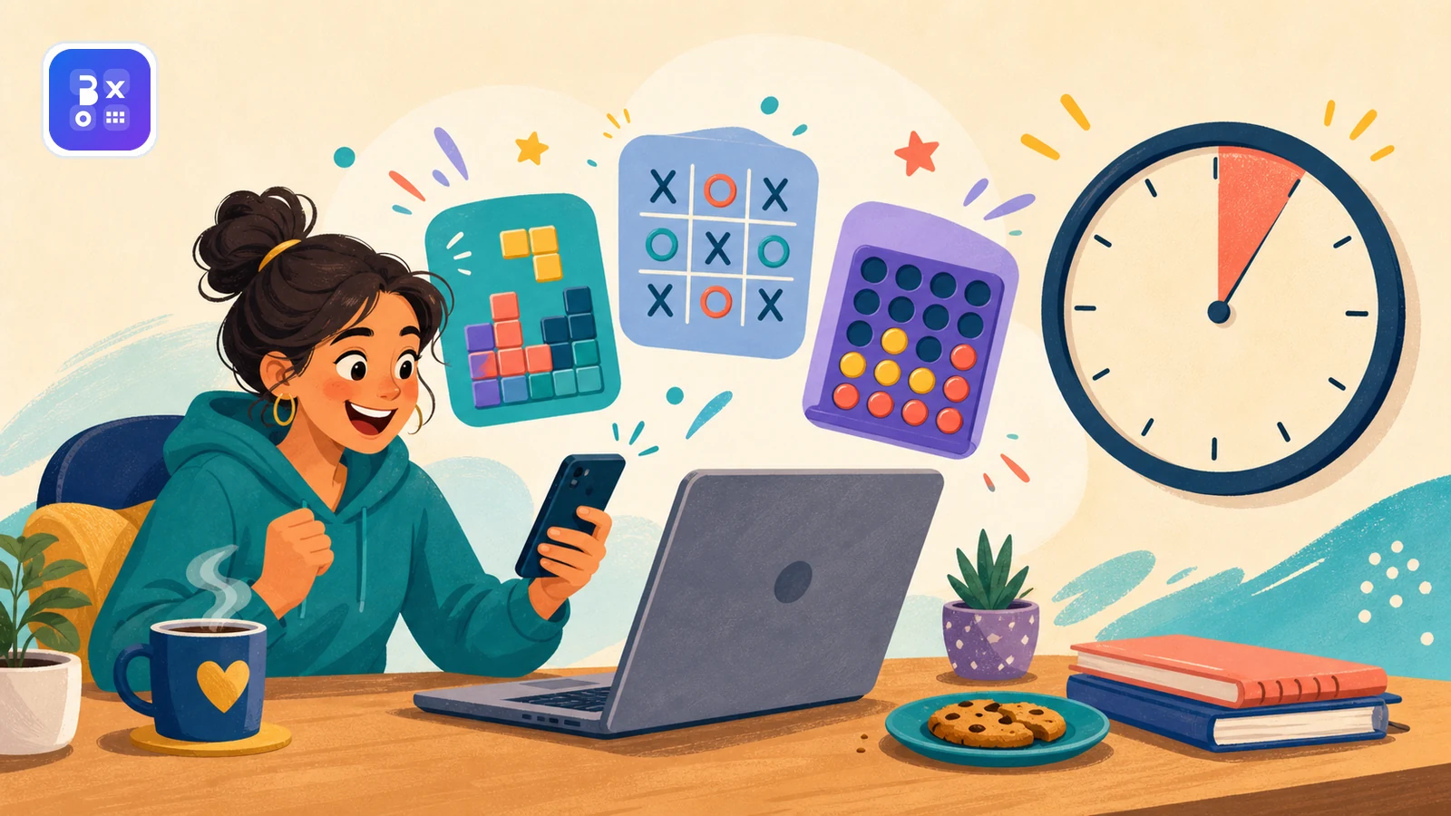 Fast-paced timer graphic with simple browser game tiles for five-minute online play.