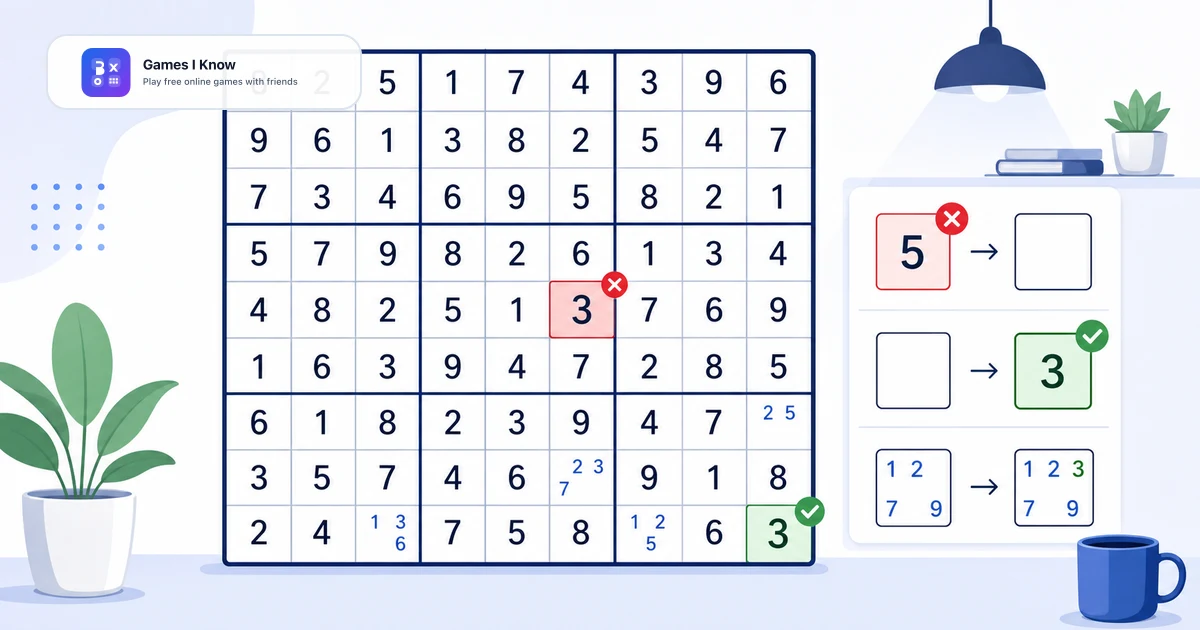 Games I Know دليل أخطاء سودوكو يعرض شبكة سودوكو مع علامات أخطاء حمراء، وتصحيحات خضراء، وشعار Games I Know.